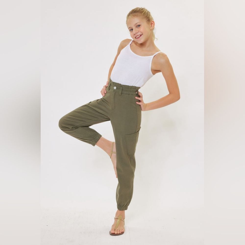 KANCAN Poppy High Waist Jogger Kid Jeans in Olive Green Tall Slim Size Youth XS‎